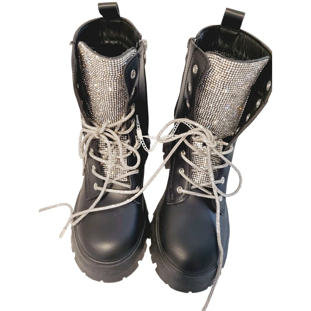 Wild Diva Sz 6.5 Black Rhinestone Lace-Up Boots Women's Chunky Combat